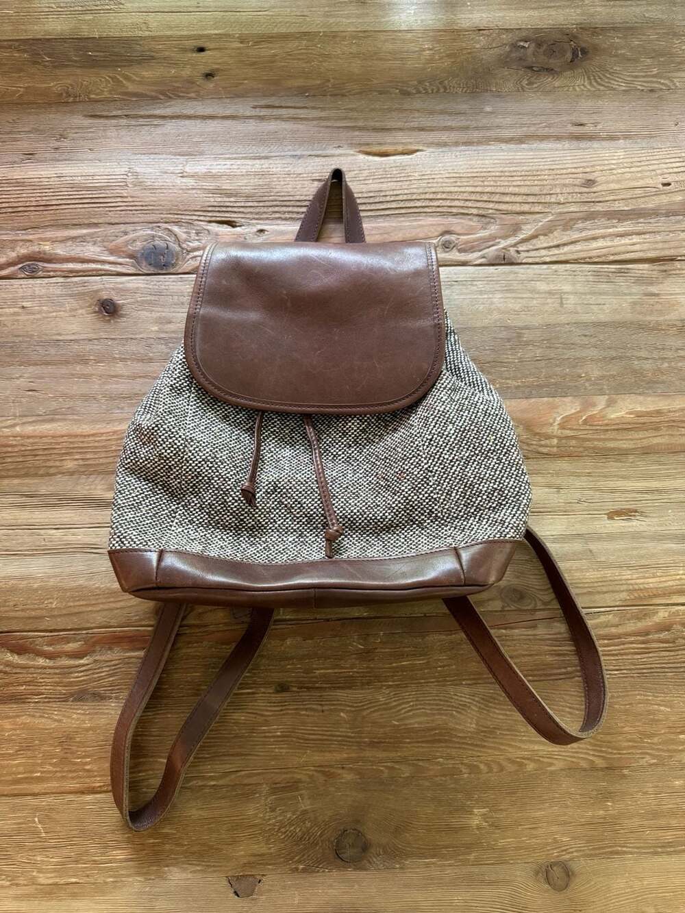Vintage L.L. Bean Brown Leather and Tweed Drawstring Backpack Purse